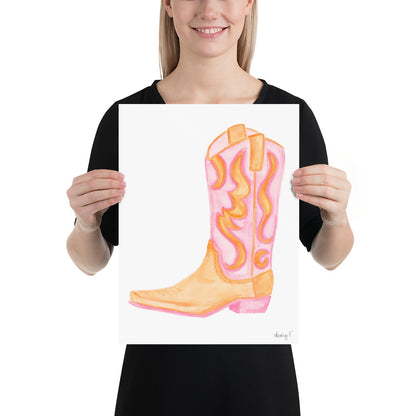 Print | Pink & Orange Cowboy Boot | Cowgirl Art | Dorm Decor | Southern | Preppy | Western | Coastal Cowgirl