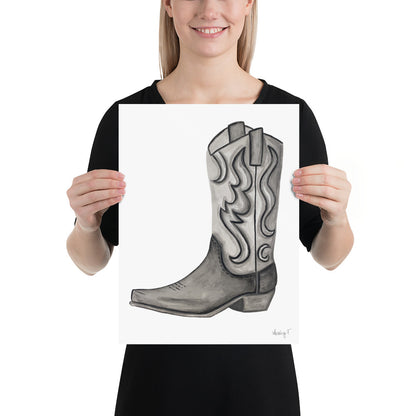 Print | Black & Gray Tonal Watercolor Cowboy Boot Painting Post | Rustic Decor | Southern | Western 12×16