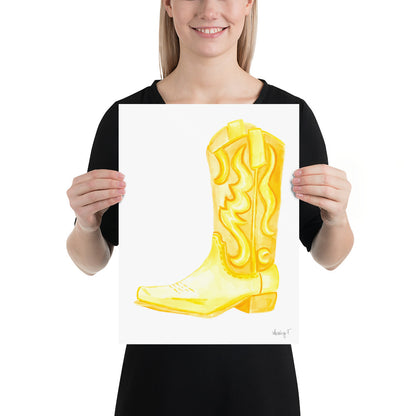 Print | Yellow Watercolor Cowboy Boot | Southern Preppy Decor | Coastal Cowgirl | Rustic Western Art 12×16