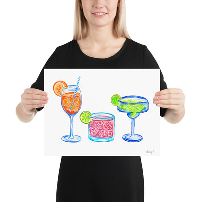 Print | Bright Cocktail Trio Aperol Spritz Margarita Paloma Watercolor | Various Sizes