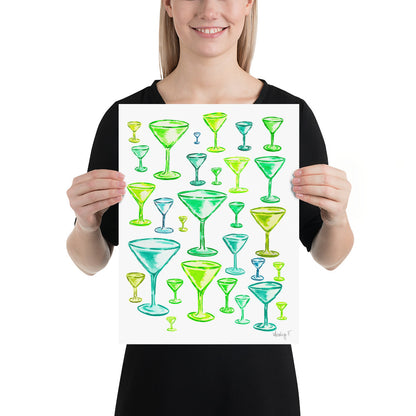 Print | Green Monochromatic Martini Glasses Watercolor | Dirty Espresso Martini | Cocktail Bar Cart Kitchen Wall Art Decor | Preppy | Coastal Cowgirl 12″×16″