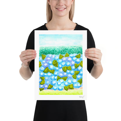 Print | Blue Hydrangea Blooms & Hedge Watercolor | Various Sizes