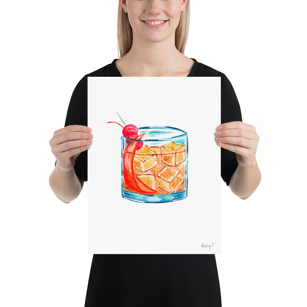 Print | Old Fashioned Whiskey Cocktail Watercolor | Bar Cart Kitchen Decor Poster | Whiskey | Beverage