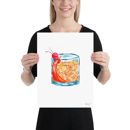 Print | Watercolor Old Fashioned Whiskey Cocktail 12×16