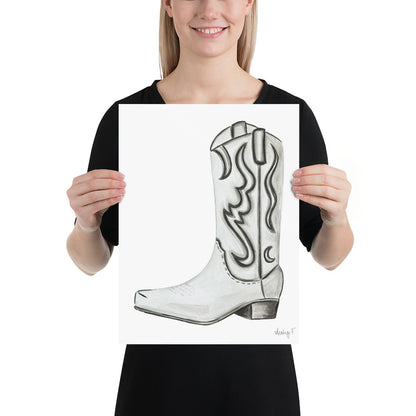 Print | Watercolor White & Gray Cowboy Boot 12″×16″
