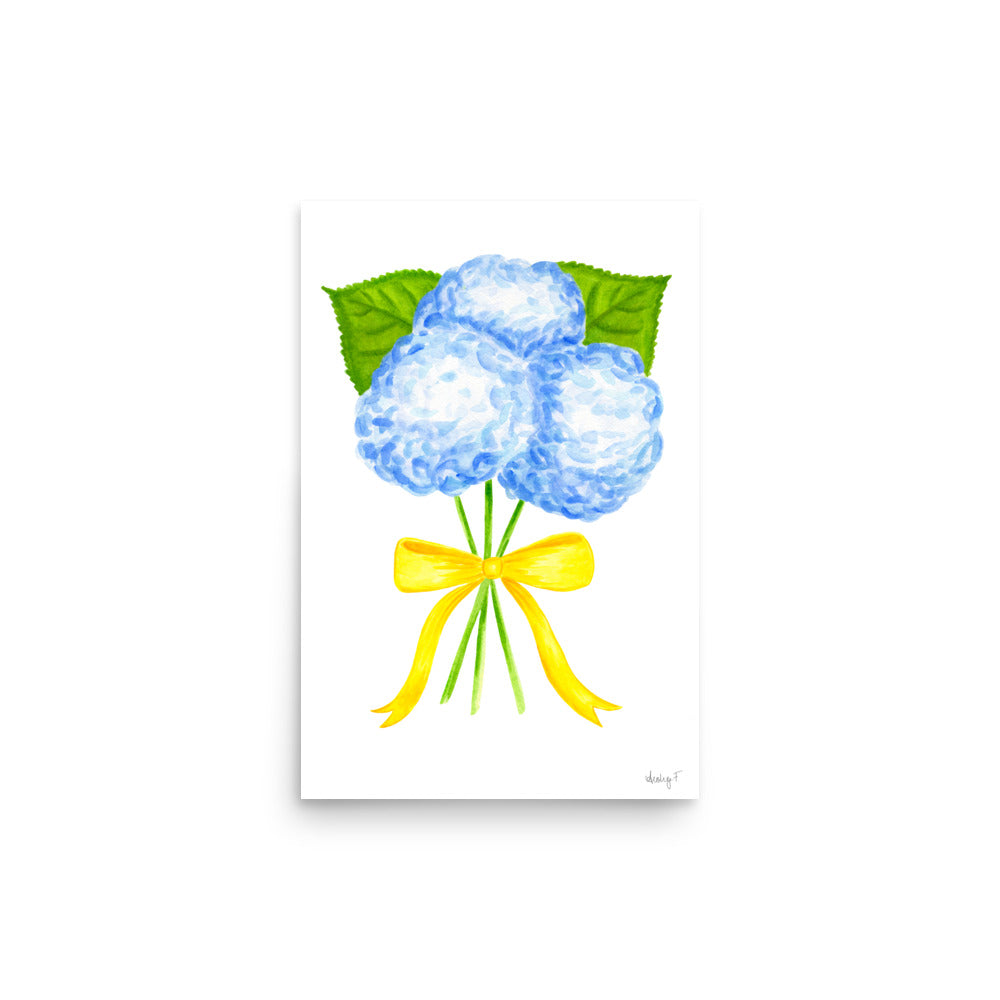 Bunch of Blue Hydrangeas Yellow Bow Watercolor Print | Various Sizes 12″×18″