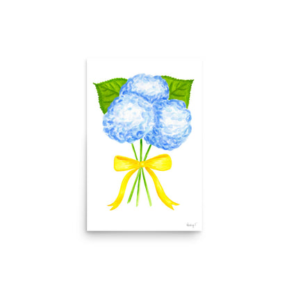 Bunch of Blue Hydrangeas Yellow Bow Watercolor Print | Various Sizes 12″×18″