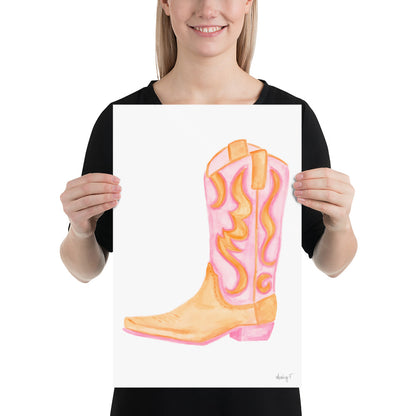 Print | Pink & Orange Cowboy Boot | Cowgirl Art | Dorm Decor | Southern | Preppy | Western | Coastal Cowgirl