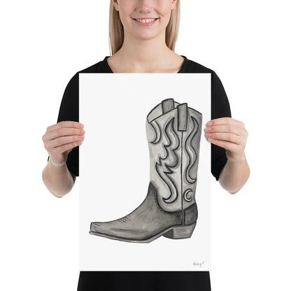 Print | Black & Gray Tonal Watercolor Cowboy Boot Painting Post | Rustic Decor | Southern | Western 12×18