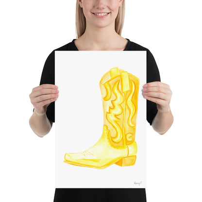 Print | Yellow Watercolor Cowboy Boot | Southern Preppy Decor | Coastal Cowgirl | Rustic Western Art 12×18
