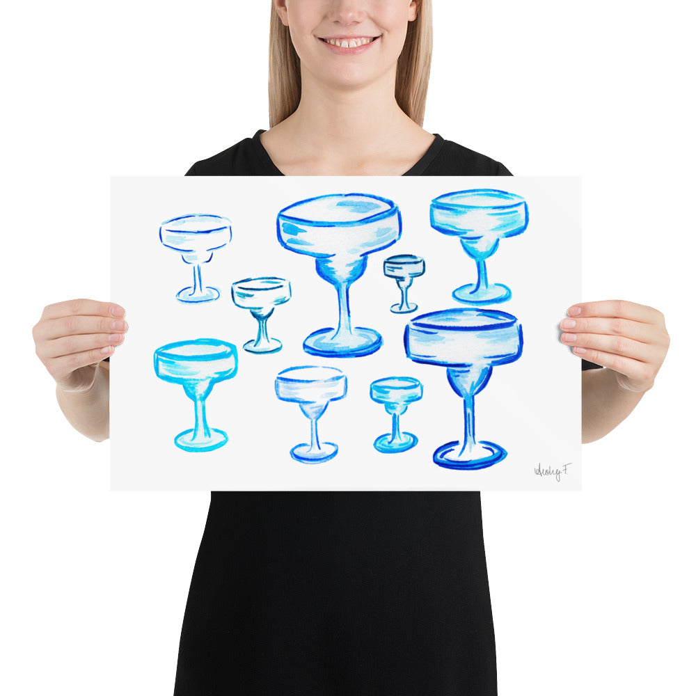Print | Blue Margarita Glasses | Cocktail Bar Cart Kitchen Decor | Tequila | Coastal Cowgirl | Preppy Dorm