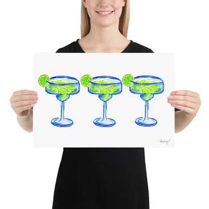 Print | Bright Blue Tequila Margarita Watercolor Trio| Blue Green | Bar Cart Cocktail Kitchen Art Wall Decor | Coastal Cowgirl | Dorm Preppy