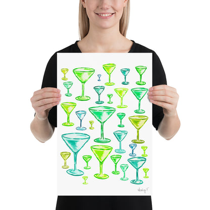 Print | Green Monochromatic Martini Glasses Watercolor | Dirty Espresso Martini | Cocktail Bar Cart Kitchen Wall Art Decor | Preppy | Coastal Cowgirl 12″×18″
