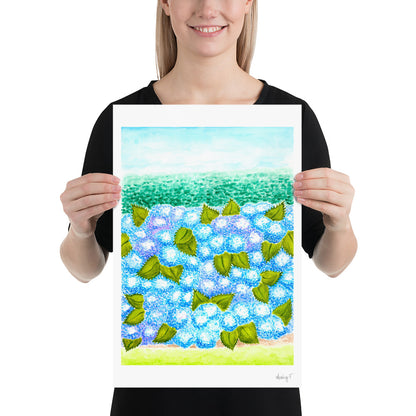 Print | Blue Hydrangea Blooms & Hedge Watercolor | Various Sizes