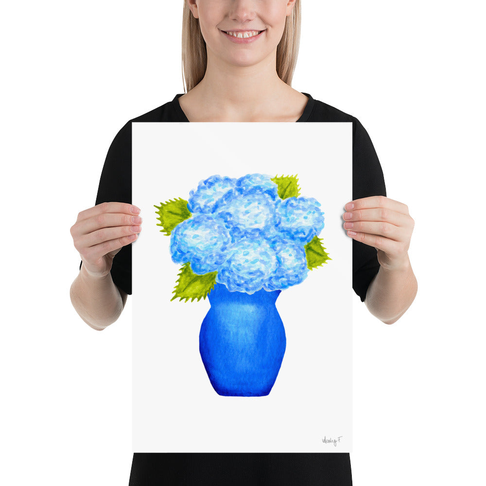 Print | Blue Hydrangea Blooms in Blue Vase | Various Sizes