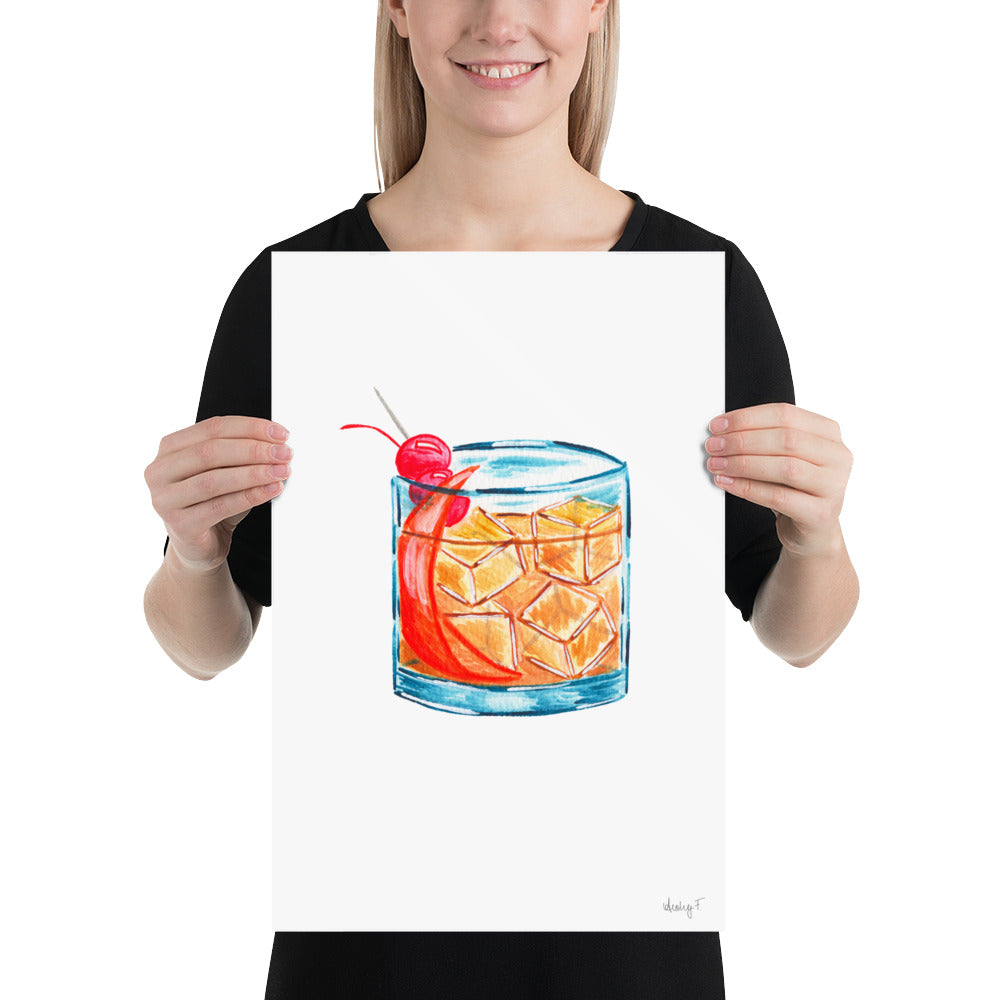 Print | Old Fashioned Whiskey Cocktail Watercolor | Bar Cart Kitchen Decor Poster | Whiskey | Beverage
