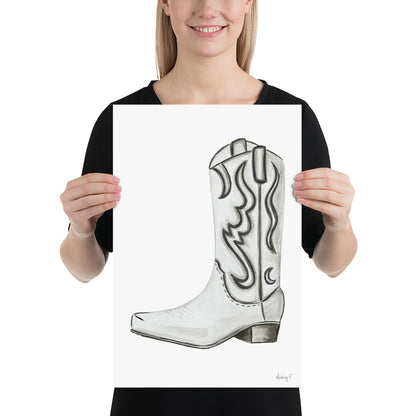 Print | Watercolor White & Gray Cowboy Boot 12″×18″
