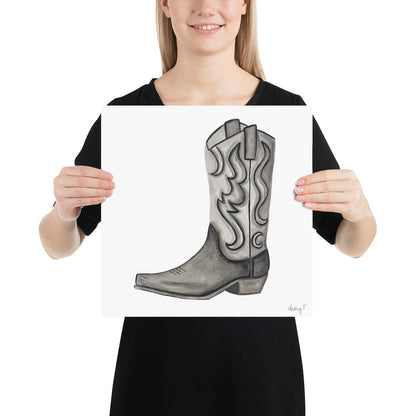Print | Black & Gray Tonal Watercolor Cowboy Boot Painting Post | Rustic Decor | Southern | Western 14×14