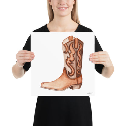 Print | Brown Tonal Watercolor Cowboy Boot | Rustic Decor | Western Art | Southern 14×14
