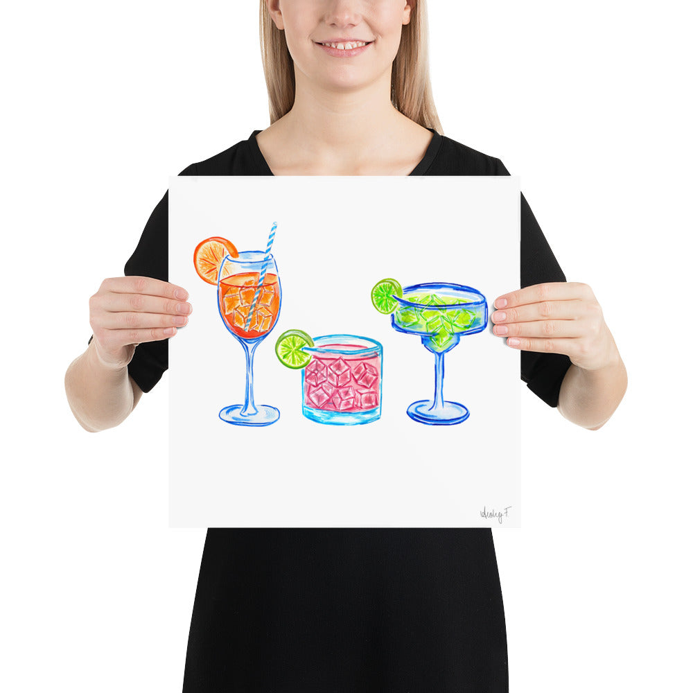 Print | Bright Cocktail Trio Aperol Spritz Margarita Paloma Watercolor | Various Sizes