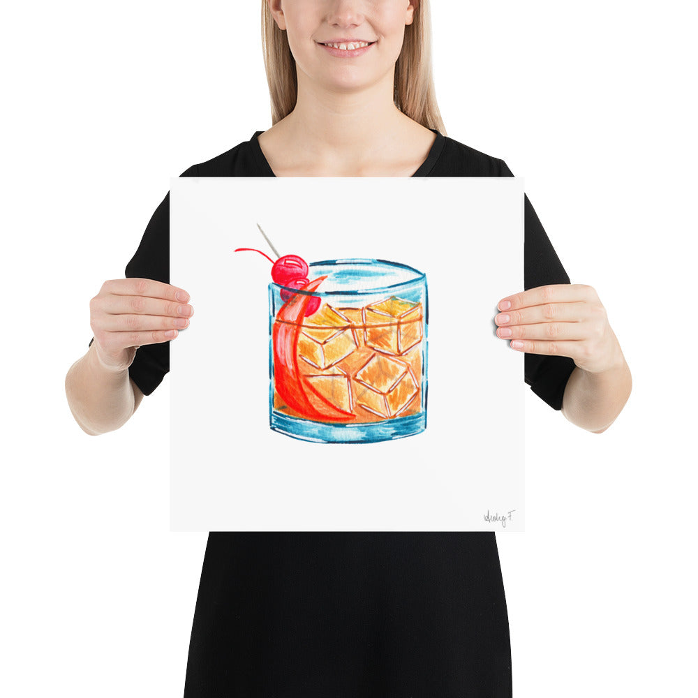 Print | Old Fashioned Whiskey Cocktail Watercolor | Bar Cart Kitchen Decor Poster | Whiskey | Beverage