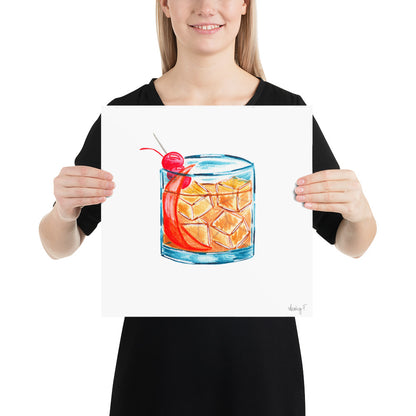 Print | Watercolor Old Fashioned Whiskey Cocktail 14×14