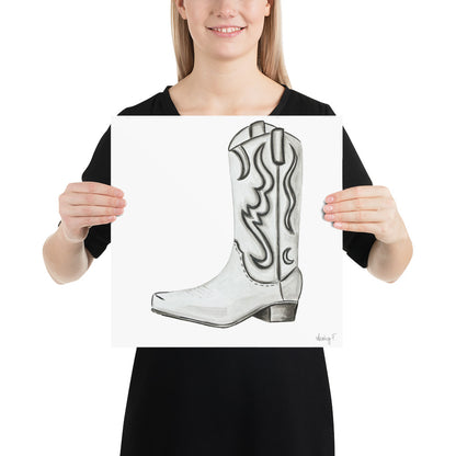 Print | Watercolor White & Gray Cowboy Boot 14″×14″