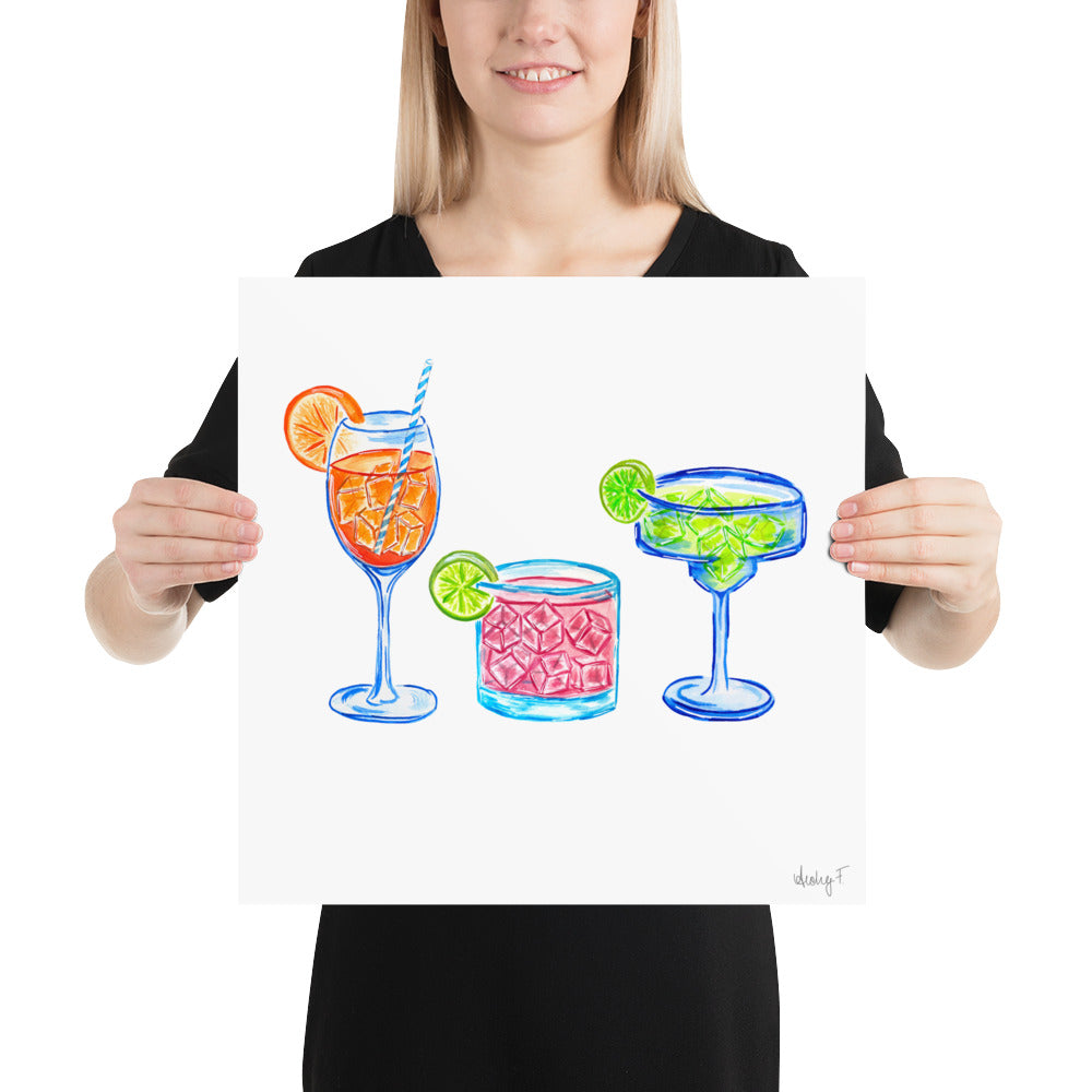 Print | Bright Cocktail Trio Aperol Spritz Margarita Paloma Watercolor | Various Sizes