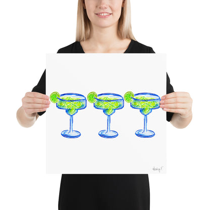 Print | Bright Blue Tequila Margarita Watercolor Trio| Blue Green | Bar Cart Cocktail Kitchen Art Wall Decor | Coastal Cowgirl | Dorm Preppy