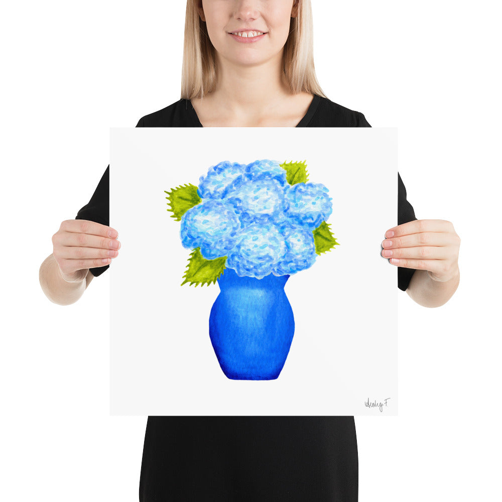 Print | Blue Hydrangea Blooms in Blue Vase | Various Sizes