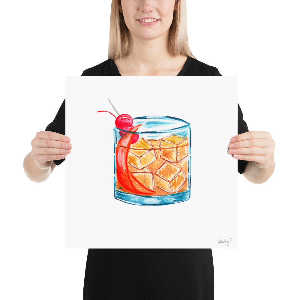 Print | Old Fashioned Whiskey Cocktail Watercolor | Bar Cart Kitchen Decor Poster | Whiskey | Beverage