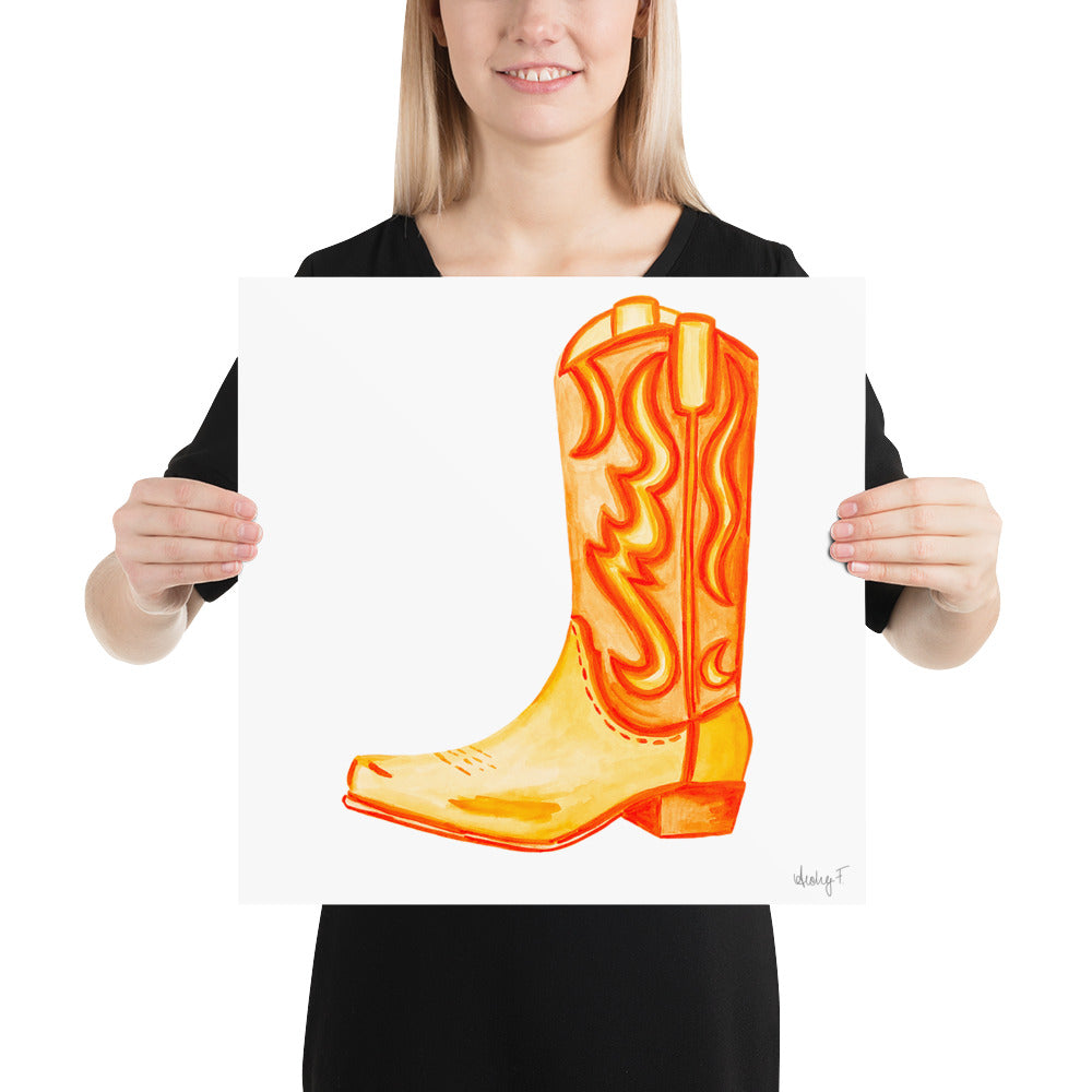 Print | Watercolor Orange Cowboy Boot 16″×16″