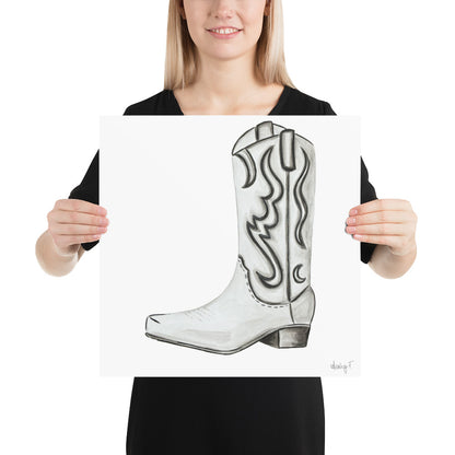 Print | Watercolor White & Gray Cowboy Boot 16″×16″