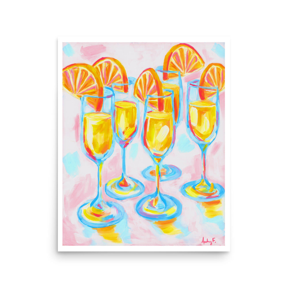 Pink & Orange Mimosas Blue Champagne Flutes Abstract Acrylic Print 16″×20″