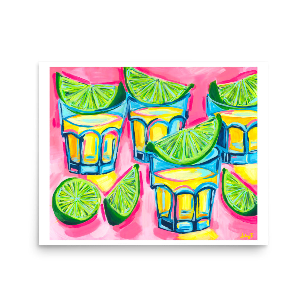 “One More Round” | Pink Tequila Shots & Limes Abstract Acrylic Cocktail Art Print 16″×20″