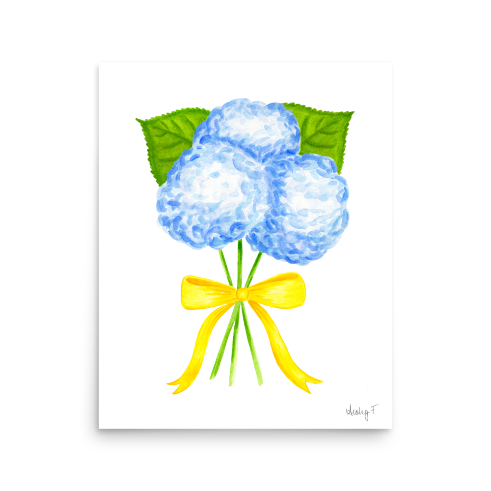 Bunch of Blue Hydrangeas Yellow Bow Watercolor Print | Various Sizes 16×20