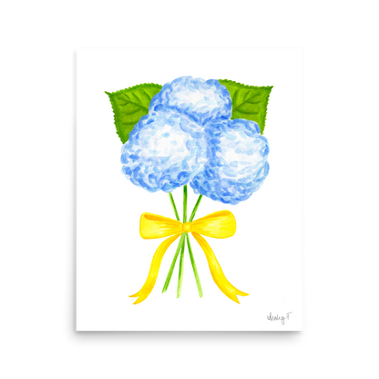 Bunch of Blue Hydrangeas Yellow Bow Watercolor Print | Various Sizes 16×20