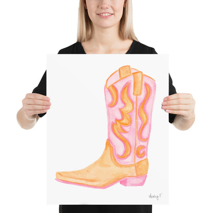 Print | Pink & Orange Cowboy Boot | Cowgirl Art | Dorm Decor | Southern | Preppy | Western | Coastal Cowgirl