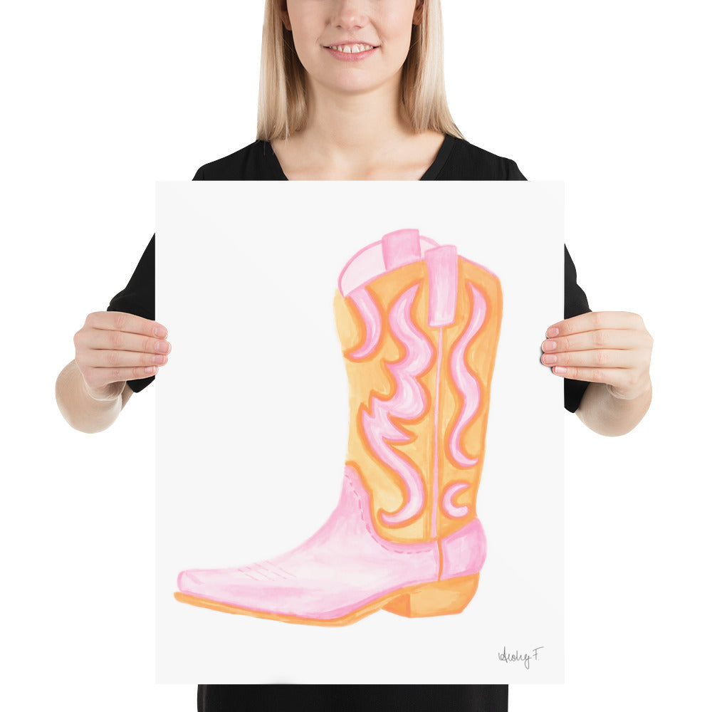 Print | Pink & Orange Cowboy Boot | Cowgirl Art | Dorm Decor | Southern | Preppy | Western | Coastal Cowgirl | Pink and Orange Wall Art