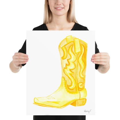 Print | Yellow Watercolor Cowboy Boot | Southern Preppy Decor | Coastal Cowgirl | Rustic Western Art 16×20