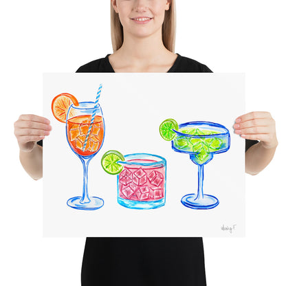 Print | Bright Cocktail Trio Aperol Spritz Margarita Paloma Watercolor | Various Sizes