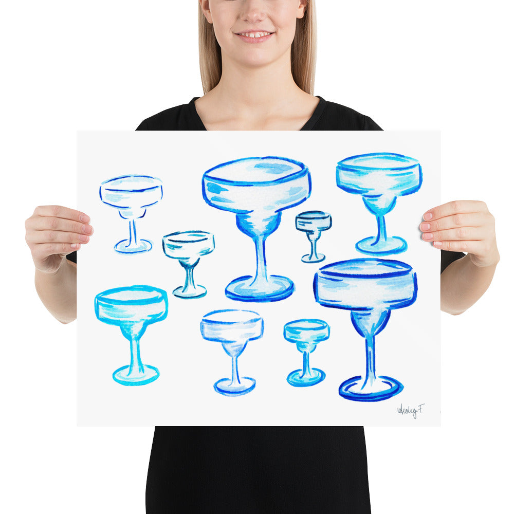 Print | Blue Margarita Glasses | Cocktail Bar Cart Kitchen Decor | Tequila | Coastal Cowgirl | Preppy Dorm