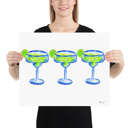 Print | Bright Blue Tequila Margarita Watercolor Trio| Blue Green | Bar Cart Cocktail Kitchen Art Wall Decor | Coastal Cowgirl | Dorm Preppy