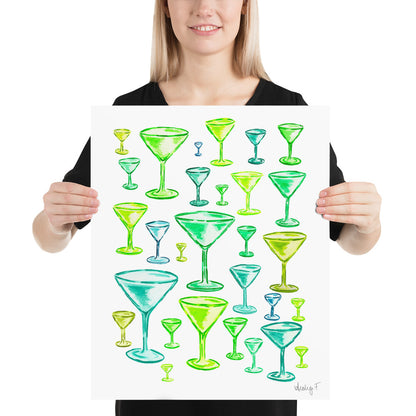 Print | Green Monochromatic Martini Glasses Watercolor | Dirty Espresso Martini | Cocktail Bar Cart Kitchen Wall Art Decor | Preppy | Coastal Cowgirl 16″×20″