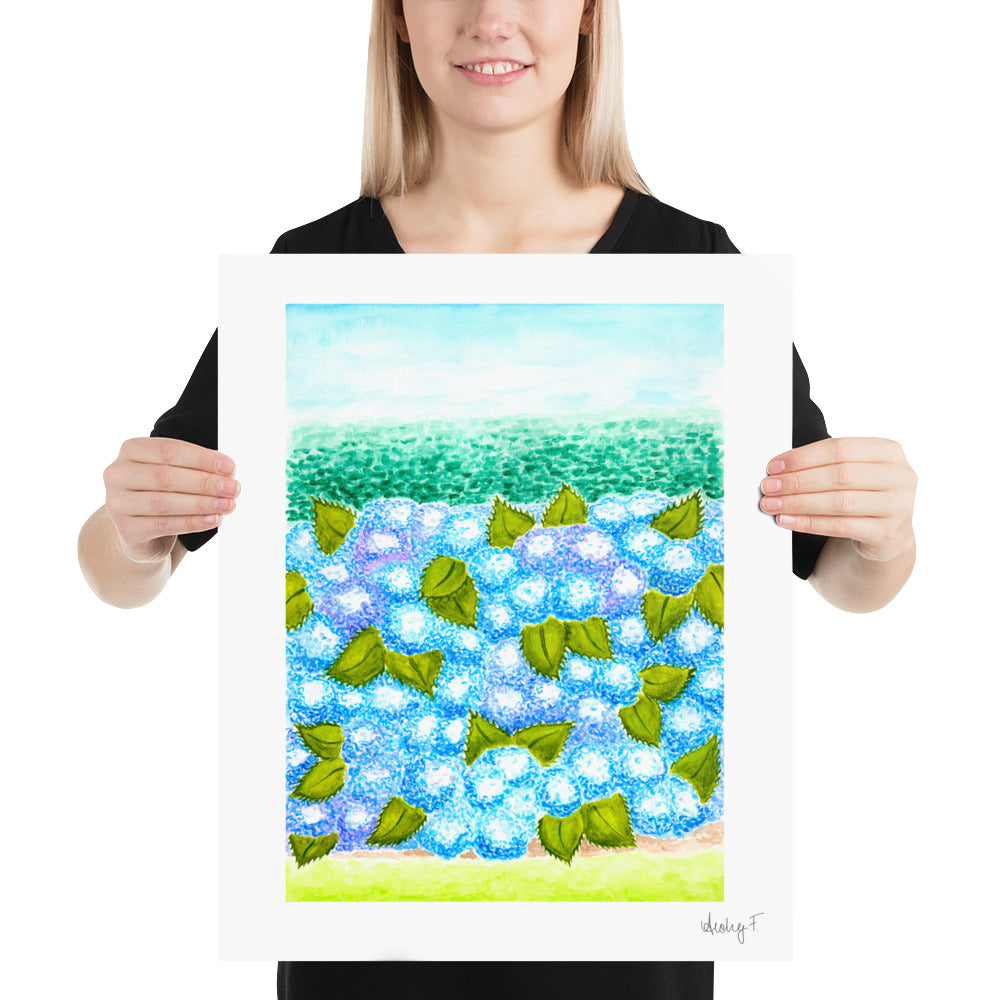 Print | Blue Hydrangea Blooms & Hedge Watercolor | Various Sizes