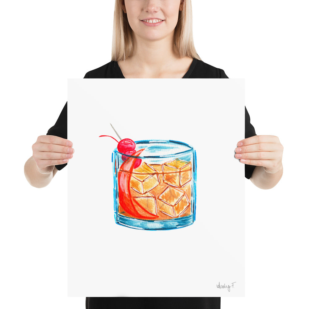 Print | Old Fashioned Whiskey Cocktail Watercolor | Bar Cart Kitchen Decor Poster | Whiskey | Beverage