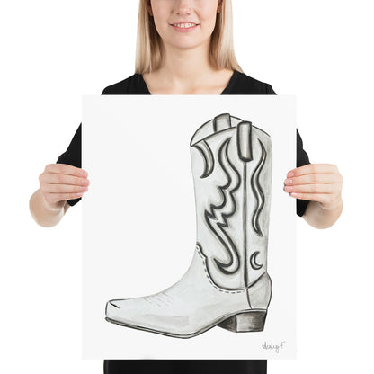 Print | Watercolor White & Gray Cowboy Boot 16″×20″