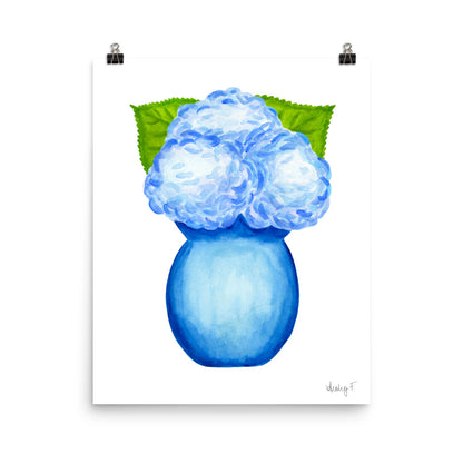 Bunch of Blue Hydrangeas Blue Vase Watercolor Print | Various Sizes 16″×20″
