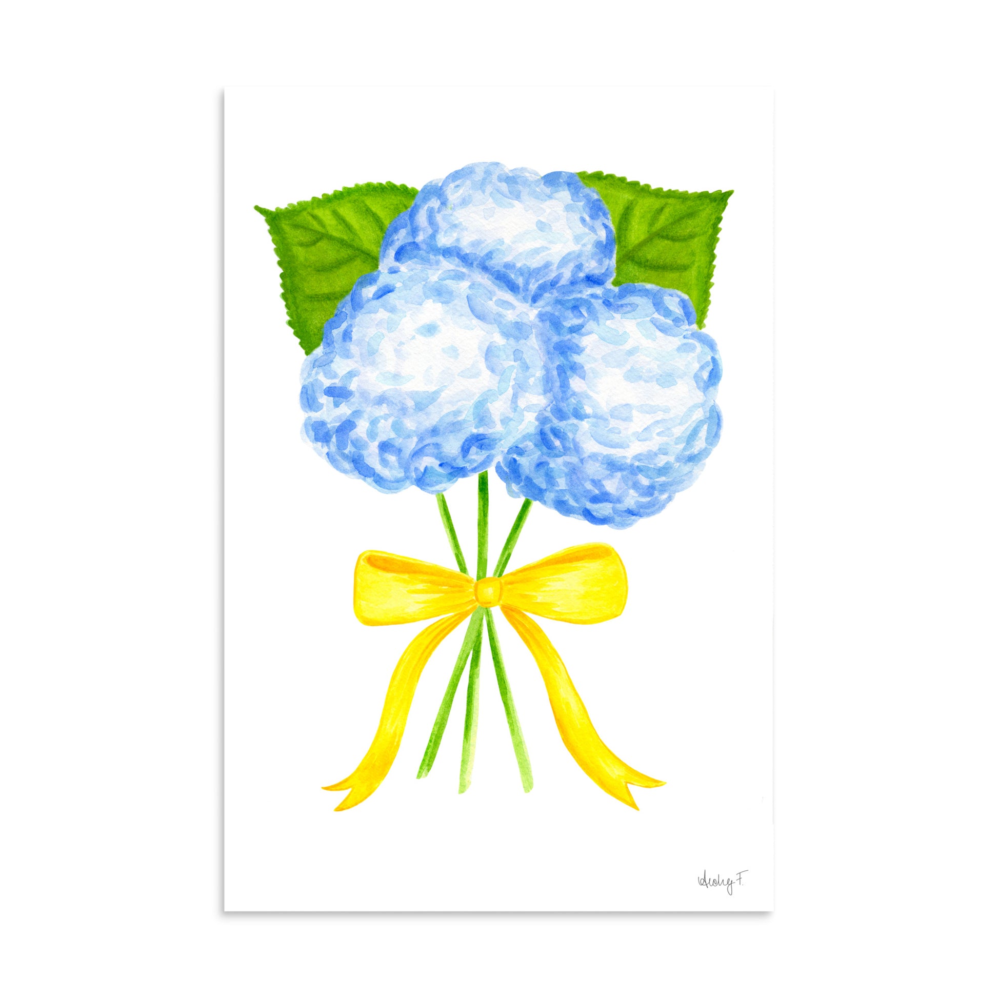 Bunch of Blue Hydrangeas Yellow Bow Watercolor Print | Various Sizes 16″×24″