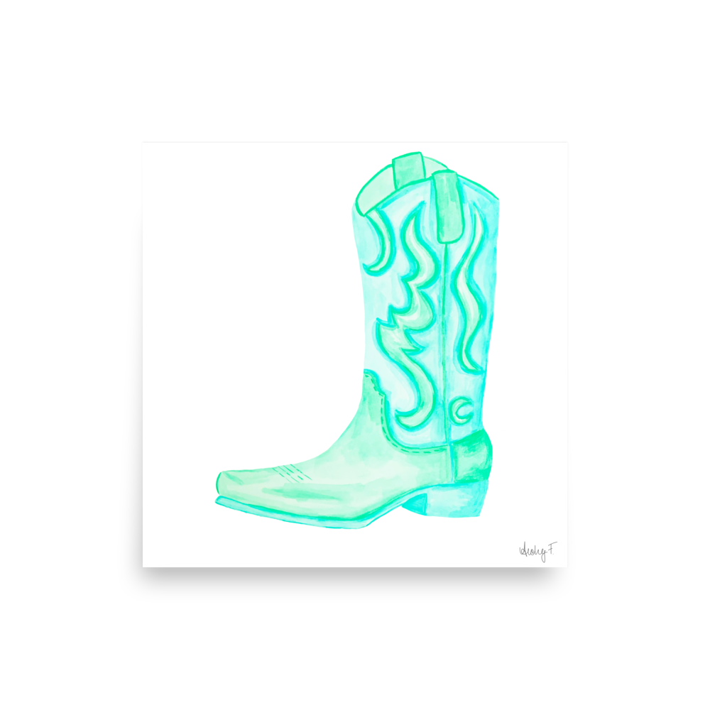 Print | Watercolor Mint Turquoise Cowboy Boot